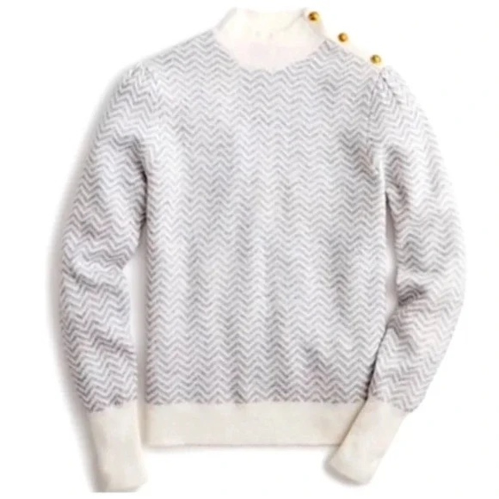 J.Crew Button-Detail Mockneck Sweater in Herringbone - Grey / White NWT